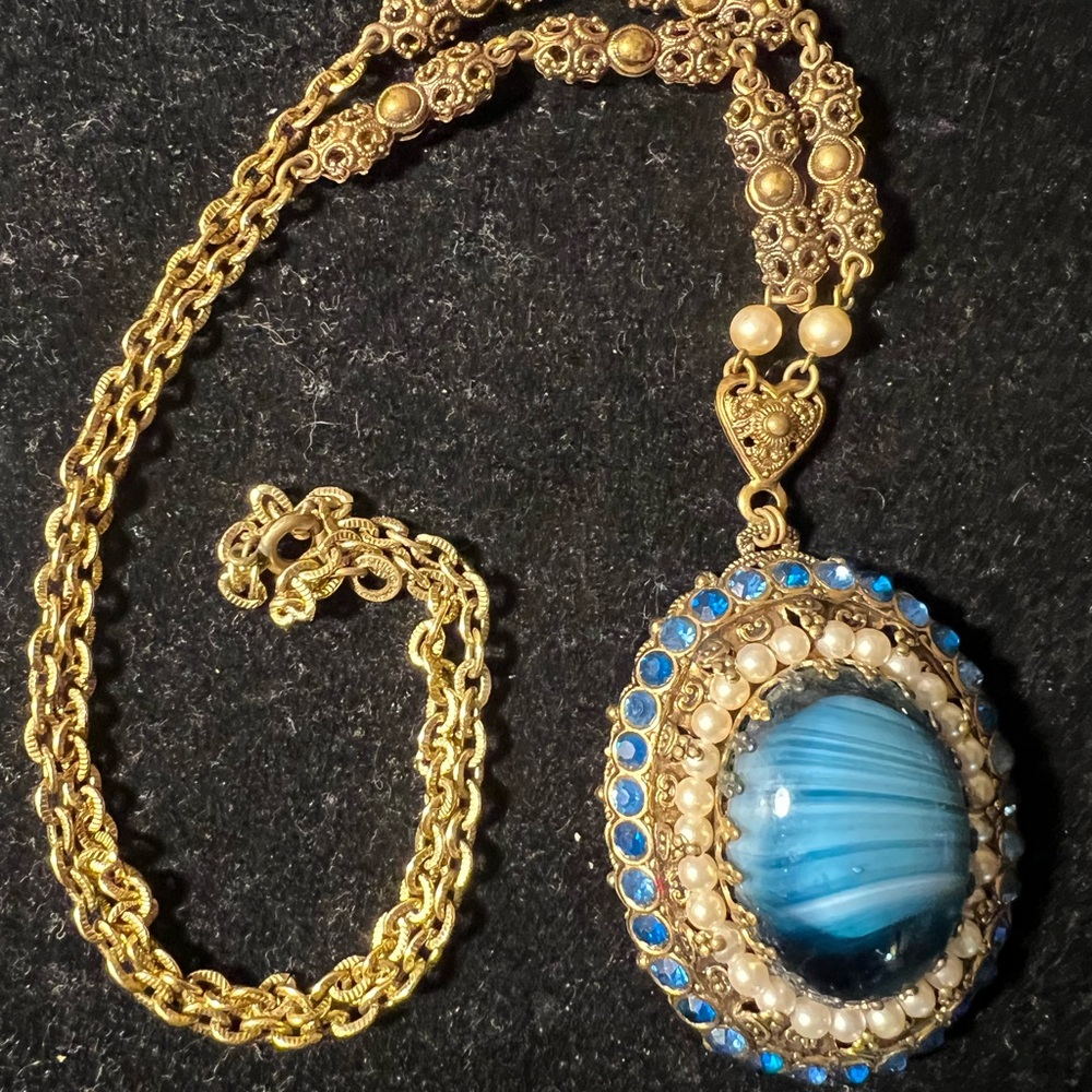 Vintage Germany Porphyry Blue Slag Glass Filigree Faux Pearl